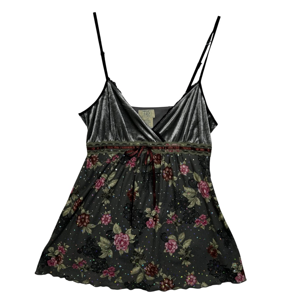 725 Originals Babydoll Camisole Women L Gray Floral Velvet Mesh